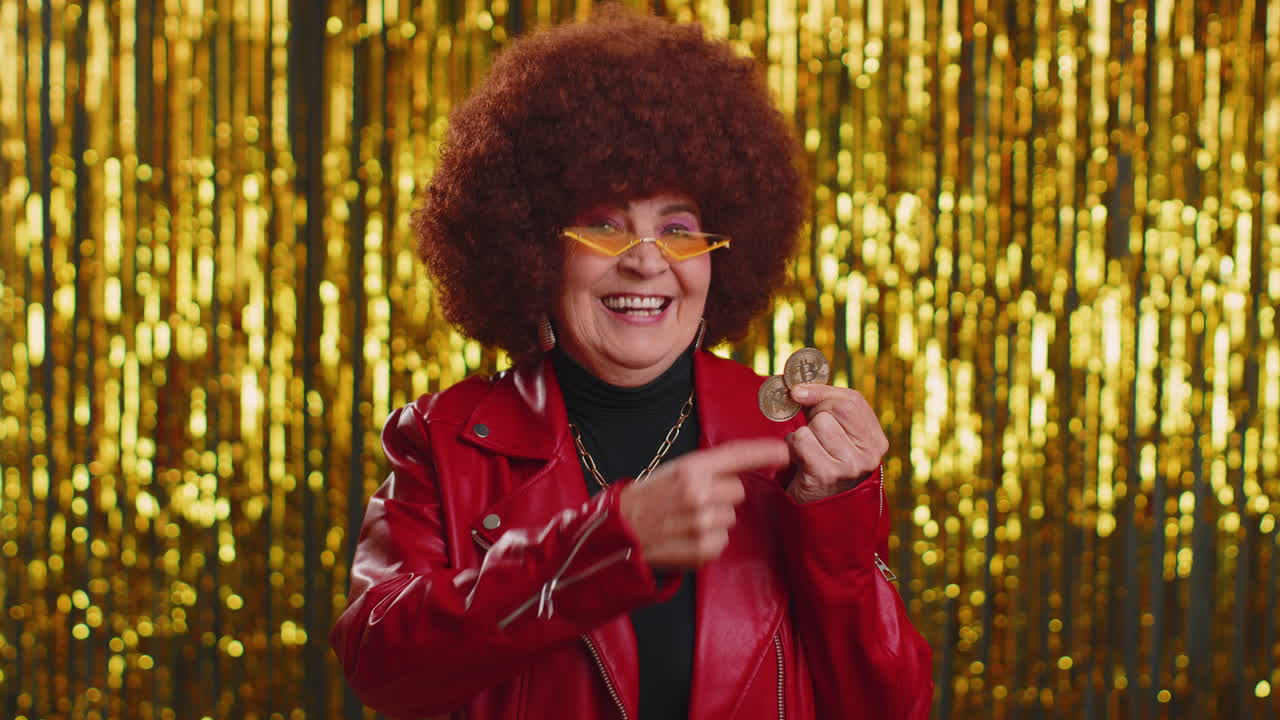 Woman showing bitcoins btc career wealth cryptocurrency investment, mining future technology payment