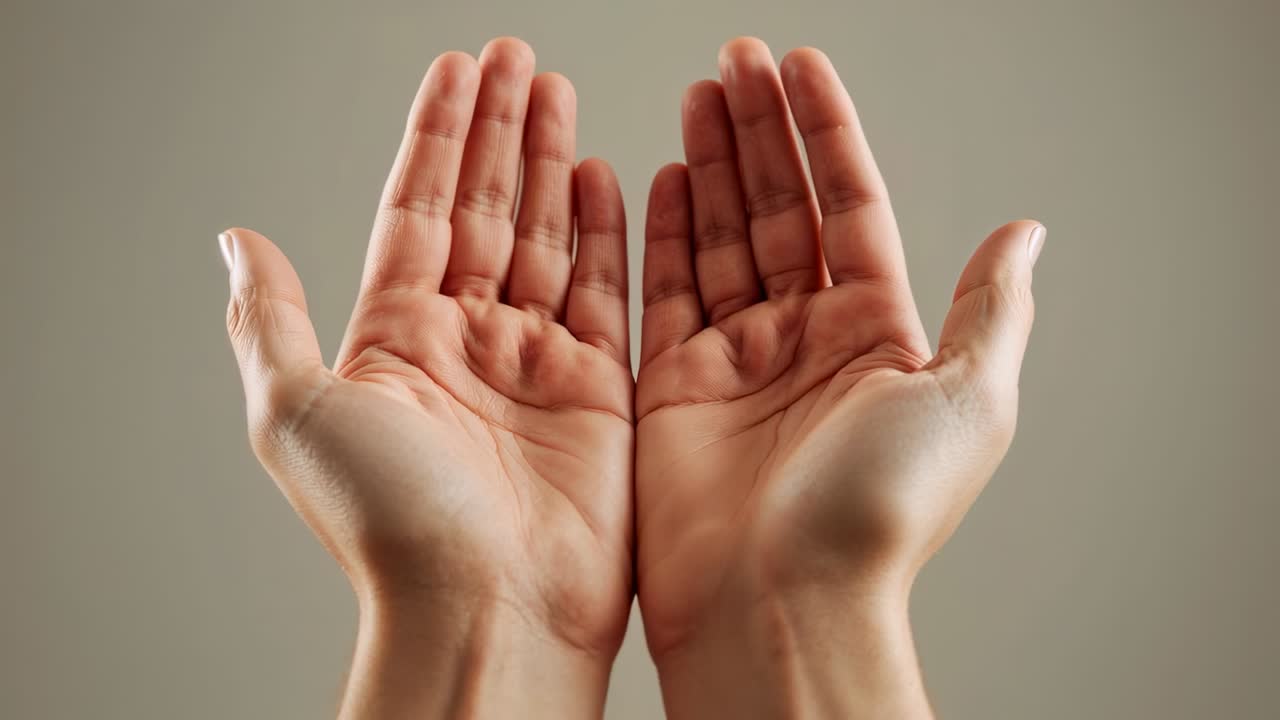 Holding cupped palms, pair of hands staying steady at studio backdrop, camera starting recording