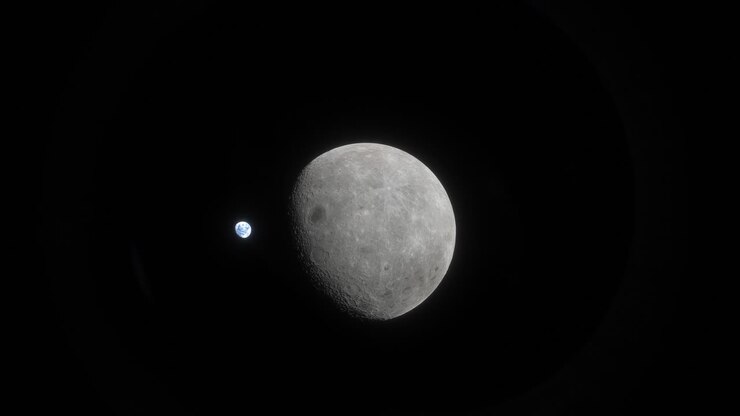 Uma vista da Lua enquanto ela completa lentamente um único dia lunar ao longo de um mês, com a Terra ao longe