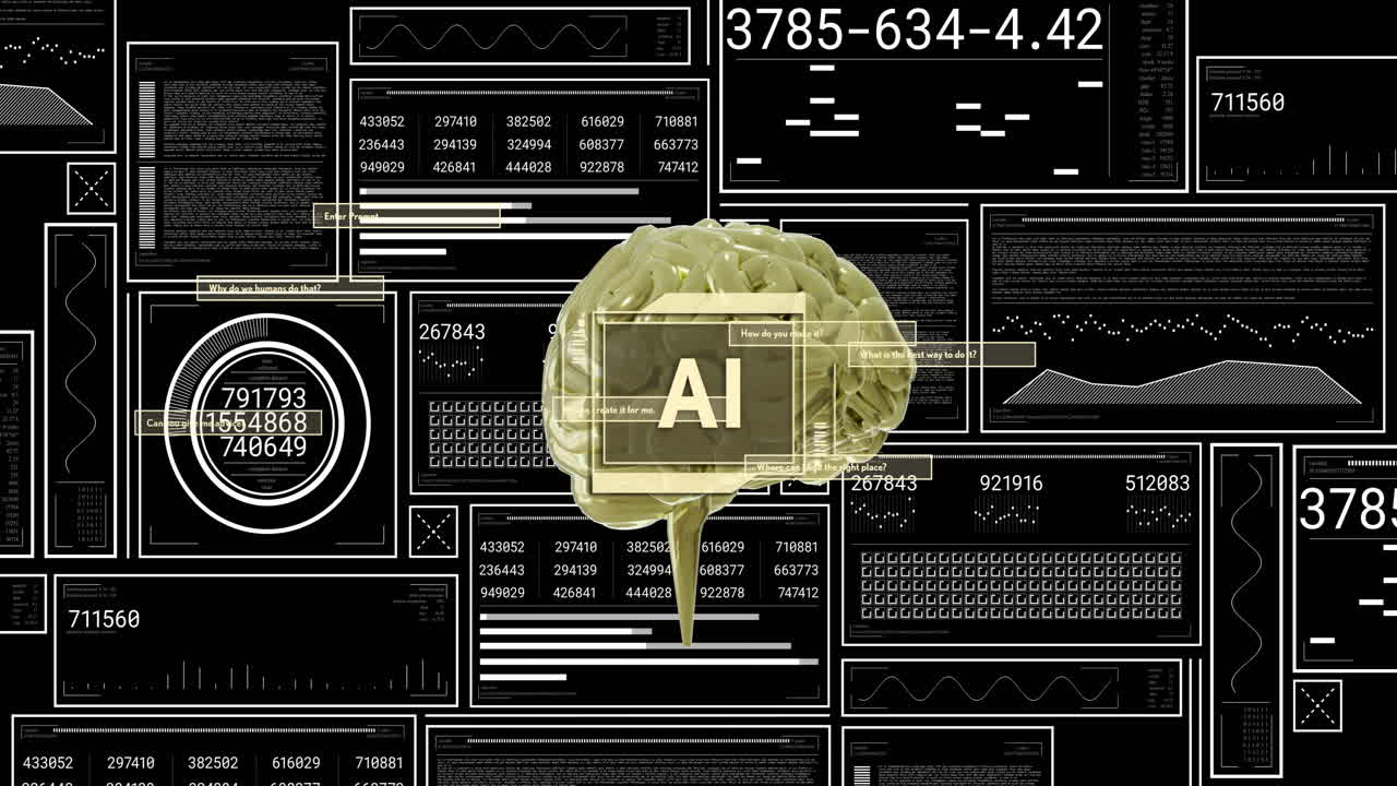 검은색 배경 위에서 문자, 뇌 및 데이터 처리의 애니메이션