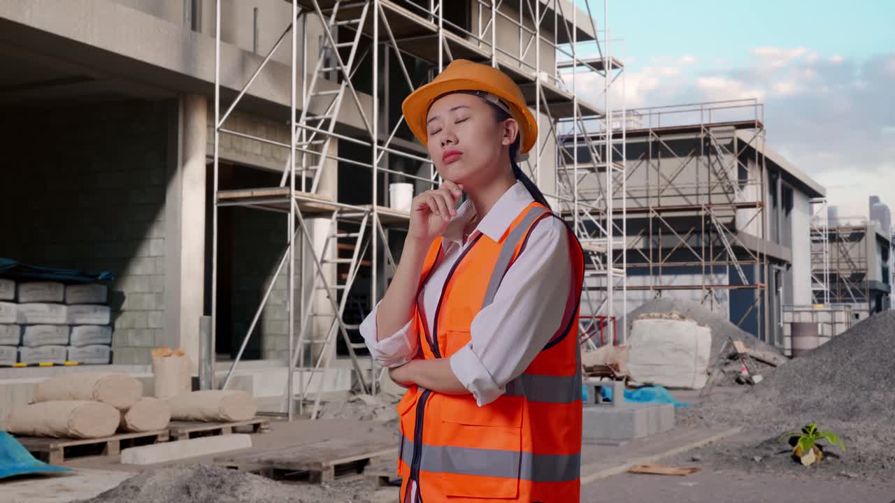 Asian Female Engineer With Safety Helmet Thinking About Something And Looking Around While Standing At Construction Site in Progress to New House