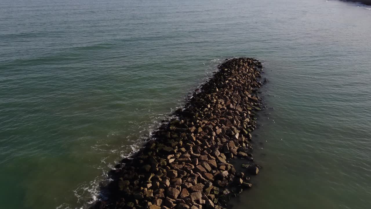 sobrevuelo aéreo excepcional isla rocosa con pájaros en reposo en el océano atlántico, argentina