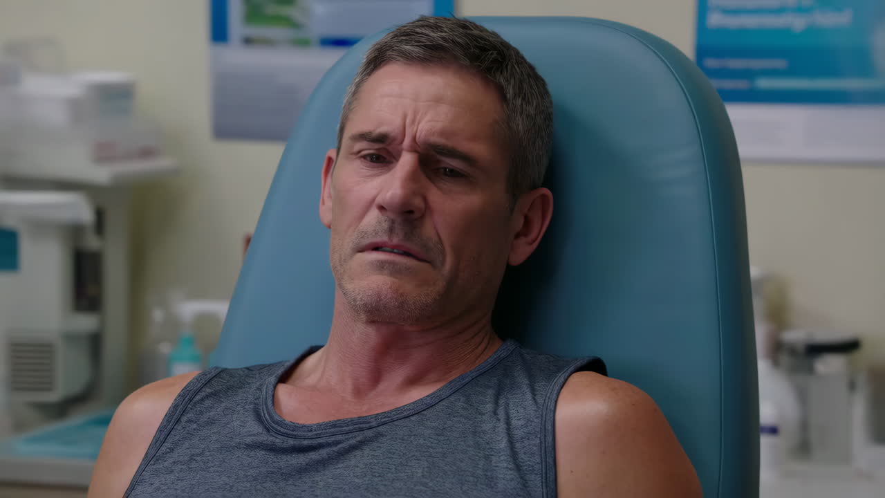 A man in a medical setting appears to be experiencing discomfort or pain