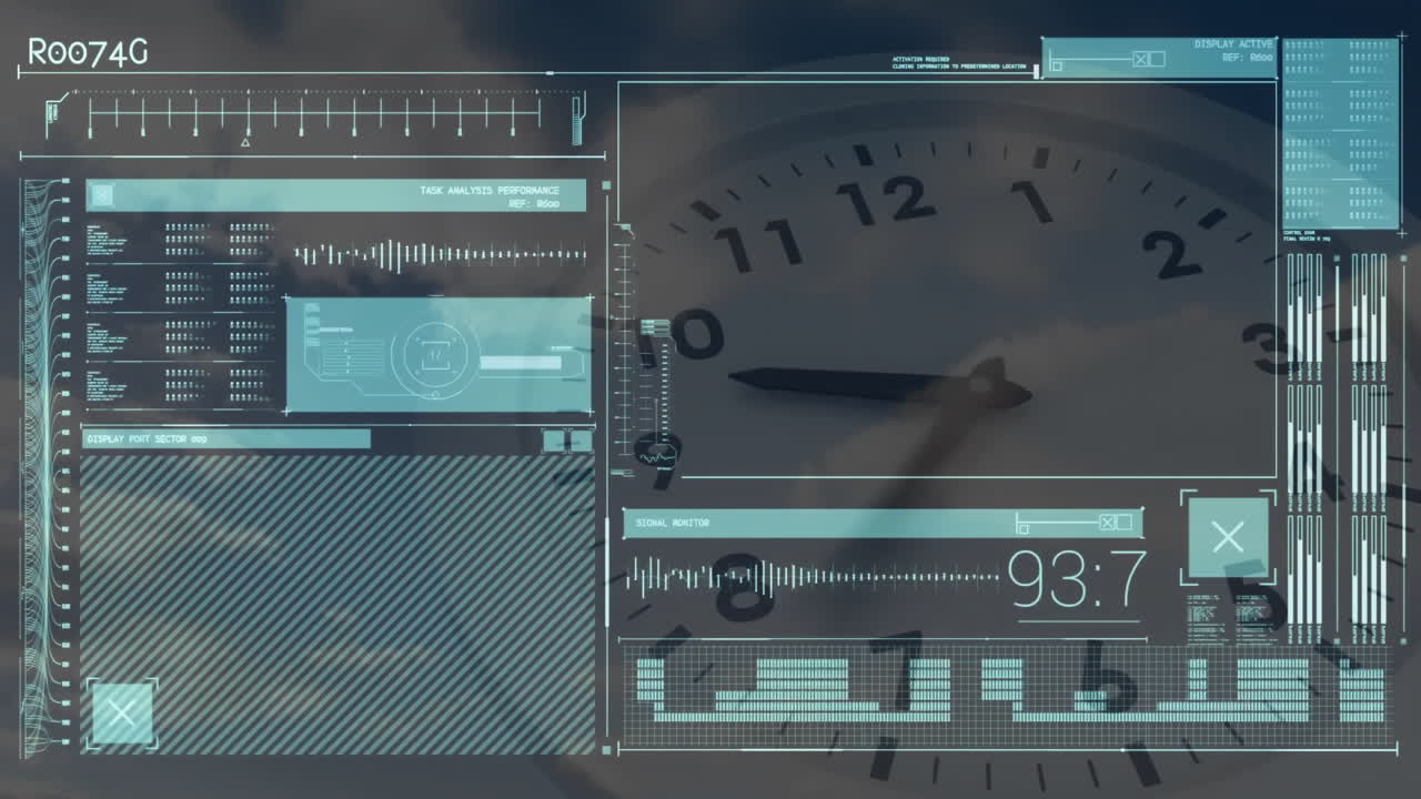 Futuristic HUD flat design overlay displaying clear panels with waveform graphs and clock outlines