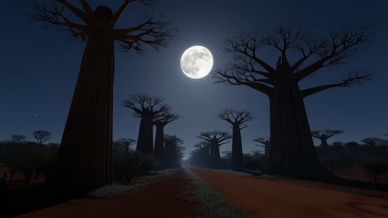 Alberi di Baobab di notte con la luna piena
