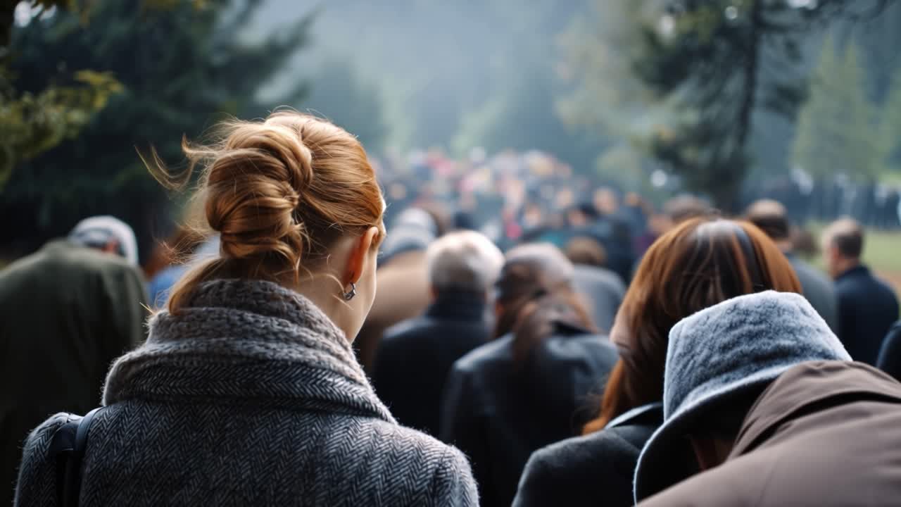 Dei dolenti camminano in cupo silenzio attraverso terreni boscosi e nebbiosi. Con i capelli rossi legati all'indietro, indossa un cappotto spesso e una sciarpa. Dietro di lei, un uomo con un cappello si muove lentamente con gli altri.