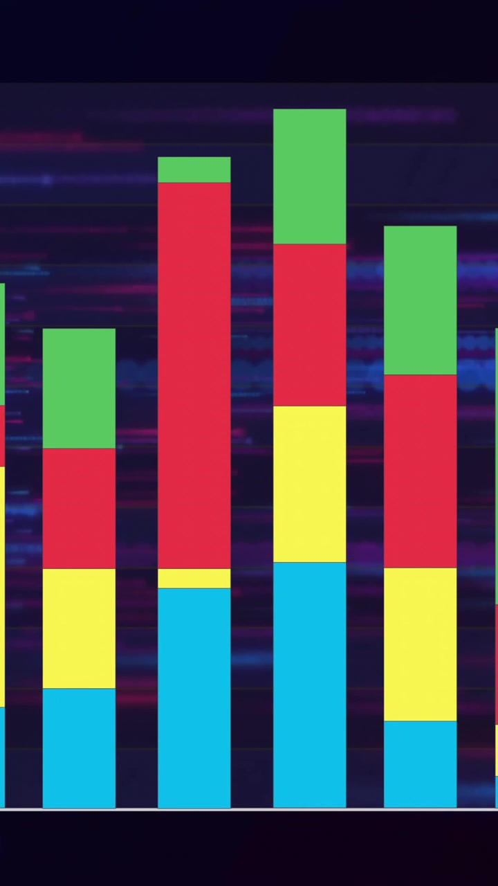 Animación de gráfico de barras colorido sobre líneas de datos digitales de rápido movimiento en azul y rojo