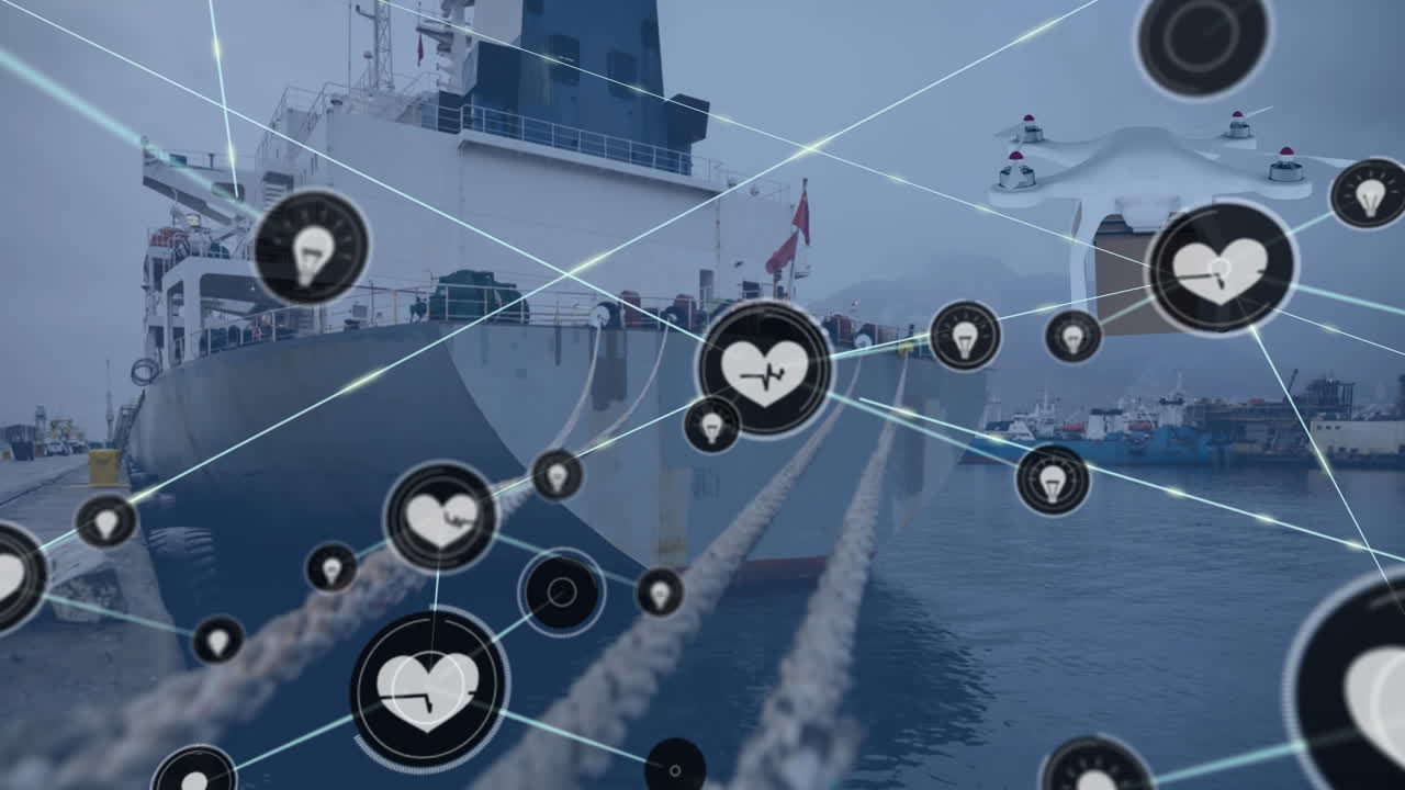 Animation of network of connections with icons and delivery drone over ship and port