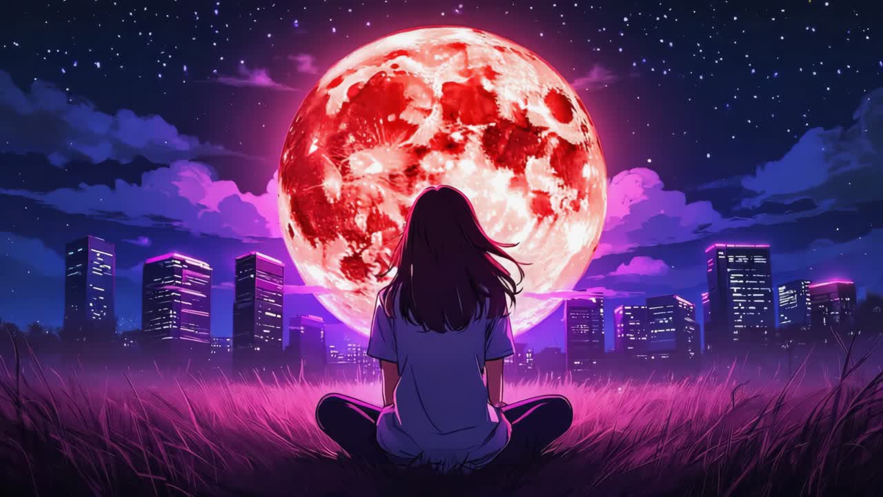 Anime girl watching the red moon over the city