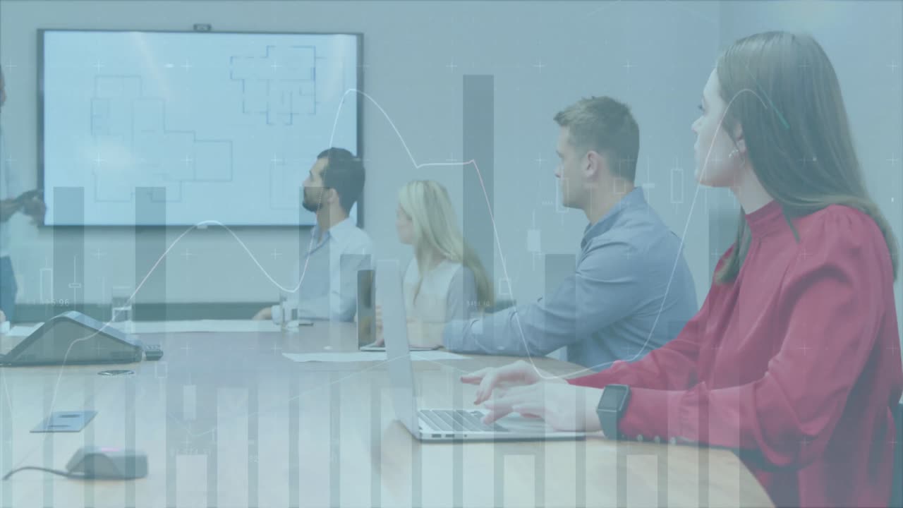 Animation of multiple graphs with changing numbers, diverse coworkers discussing blueprint on screen