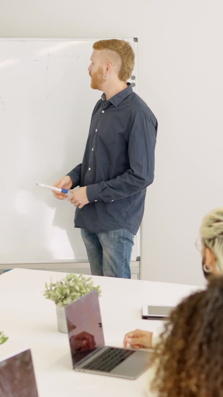 Man talking during a business meeting using a white board