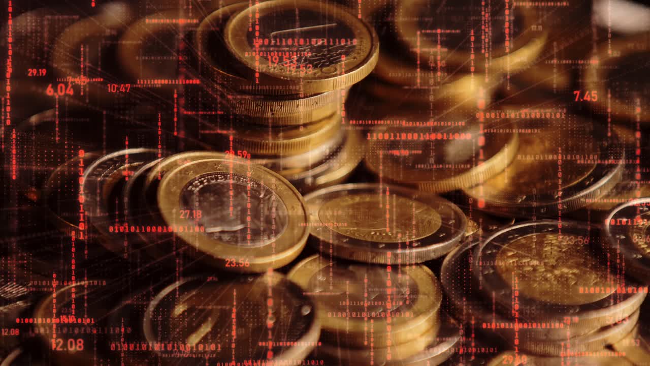 Macro of euro coin stacks overlaid with red holographic financial crash graphics