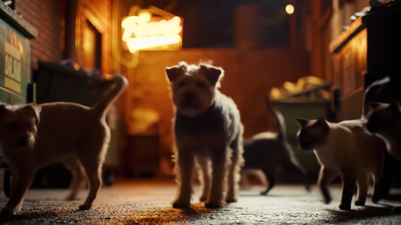 A Mysterious Night Scene with Stray Dogs and Cats Playfully Roaming the Alley Under Neon Lights, Capturing the Essence of Urban Animal Life
