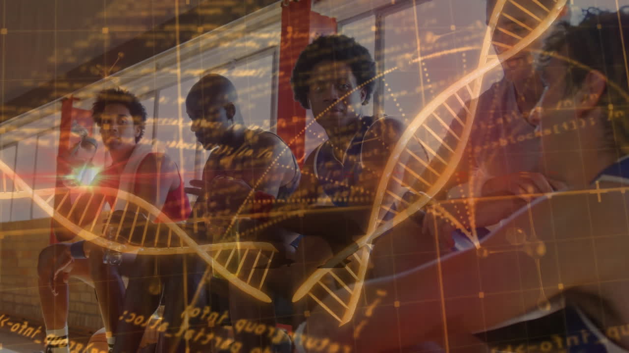Male basketball players sitting on bench in gym, showing sports technology via DNA helix data grid