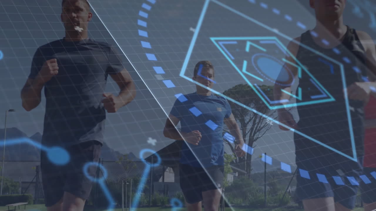 group of male joggers running outdoors, overlaying health tech interface with grid and data points