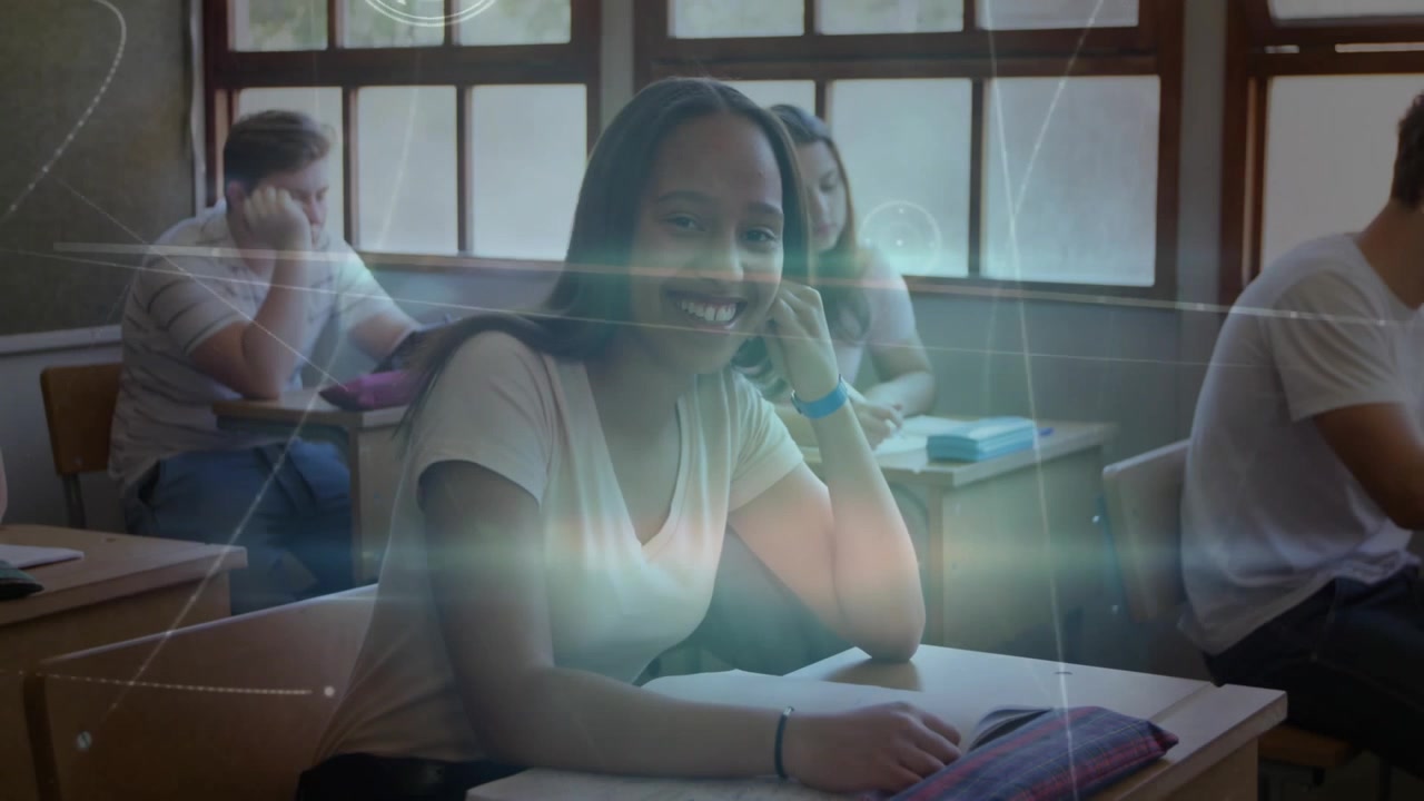 Classroom starting glowing particles drifting forming education HUD overlay around smiling student