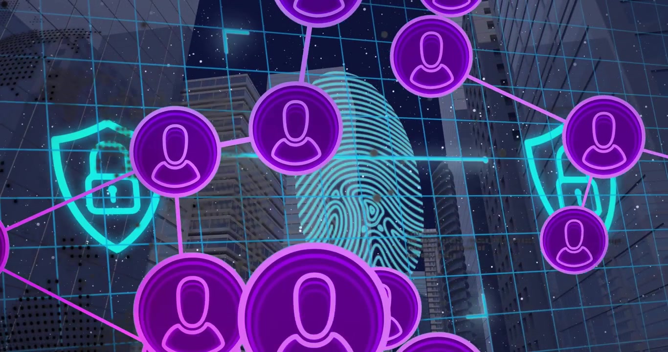 Animation of network of connections with icons and biometric fingerprint over computer servers