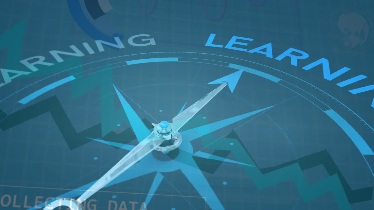 학습 텍스트에 바늘을 움직이는 나침반 위의 통계 및 데이터의 애니메이션