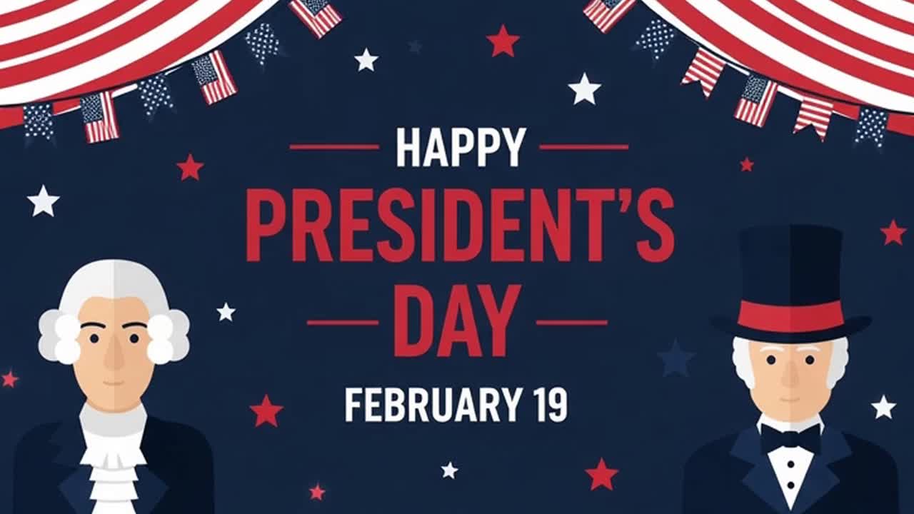 Happy Presidents Day banner with Washington and Lincoln portraits