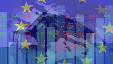 animation of european union stars over graphs, data and house