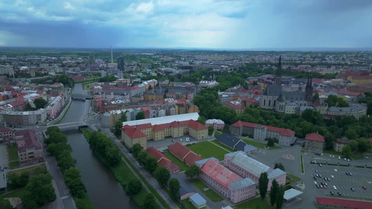 City of Olomouc in the Czech Republic. University architecture with modern restaurants. Drone view