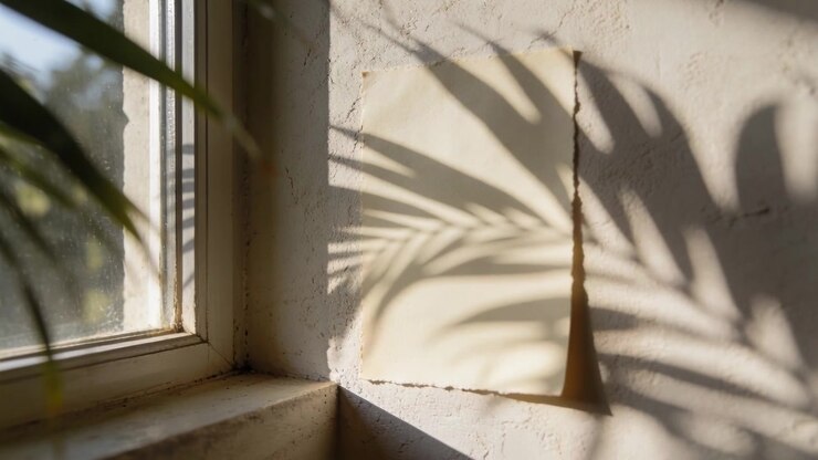 Moving sun casting frond shadow across wall near window, palm leaves shifting showing paper flap