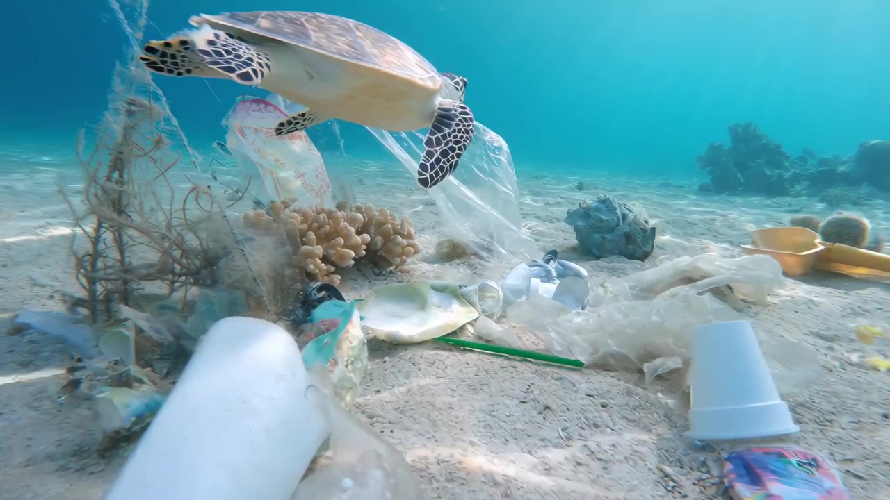 Tartaruga marina che nuota vicino a rifiuti di plastica sul fondale marino
