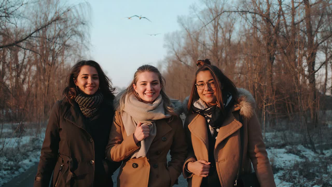 Tre donne che camminano insieme con sciarpe e cappotti invernali su un sentiero, uccelli che volano sopra le loro teste, il che porta un sorriso