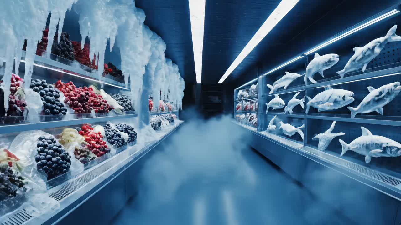Fresh Produce and Meats on Display Shelves