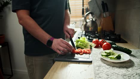 Turn-on-a-middle-aged-man-in-a-gray-t-shirt-prepares-a-vegetable-salad-while-his-middle-aged-boyfriend-in-a-green-checkered-shirt-hugs-him-from-behind-as-they-prepare-lunch-together-in-the-kitchen