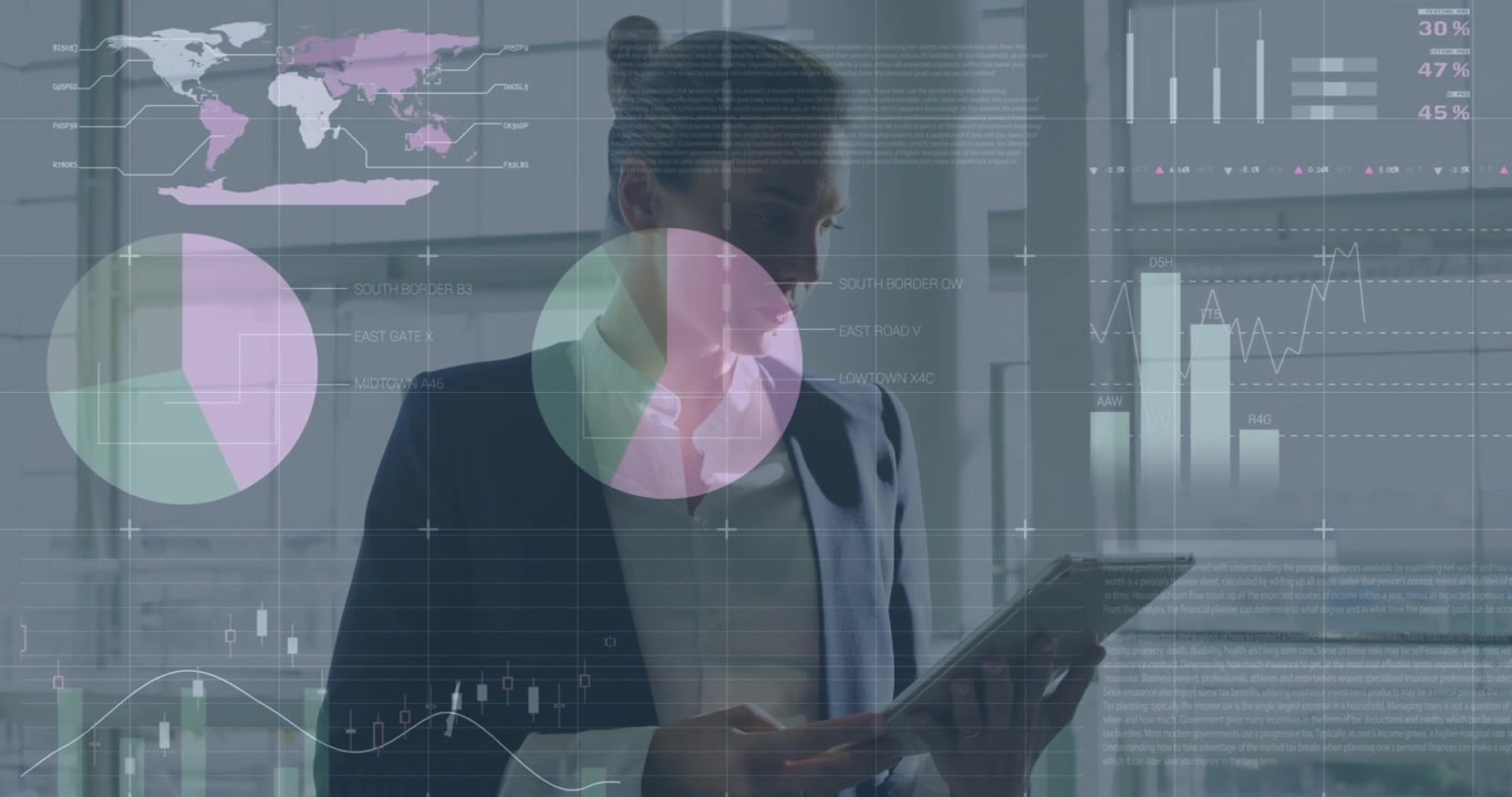 Animation of statistics and data processing over busy city street