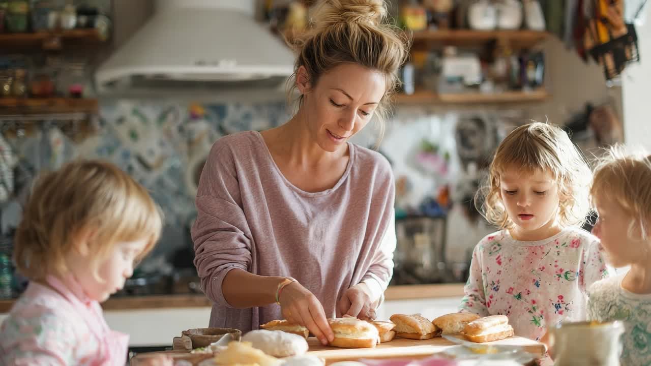 Baking sweet treats with children in a cozy kitchen in the morning