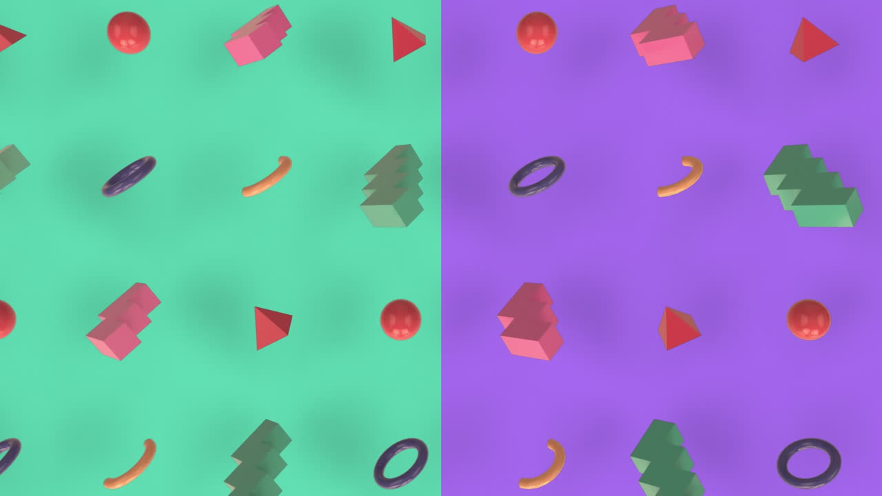 animación de formas abstractas en 3d que se mueven sobre un fondo verde y púrpura