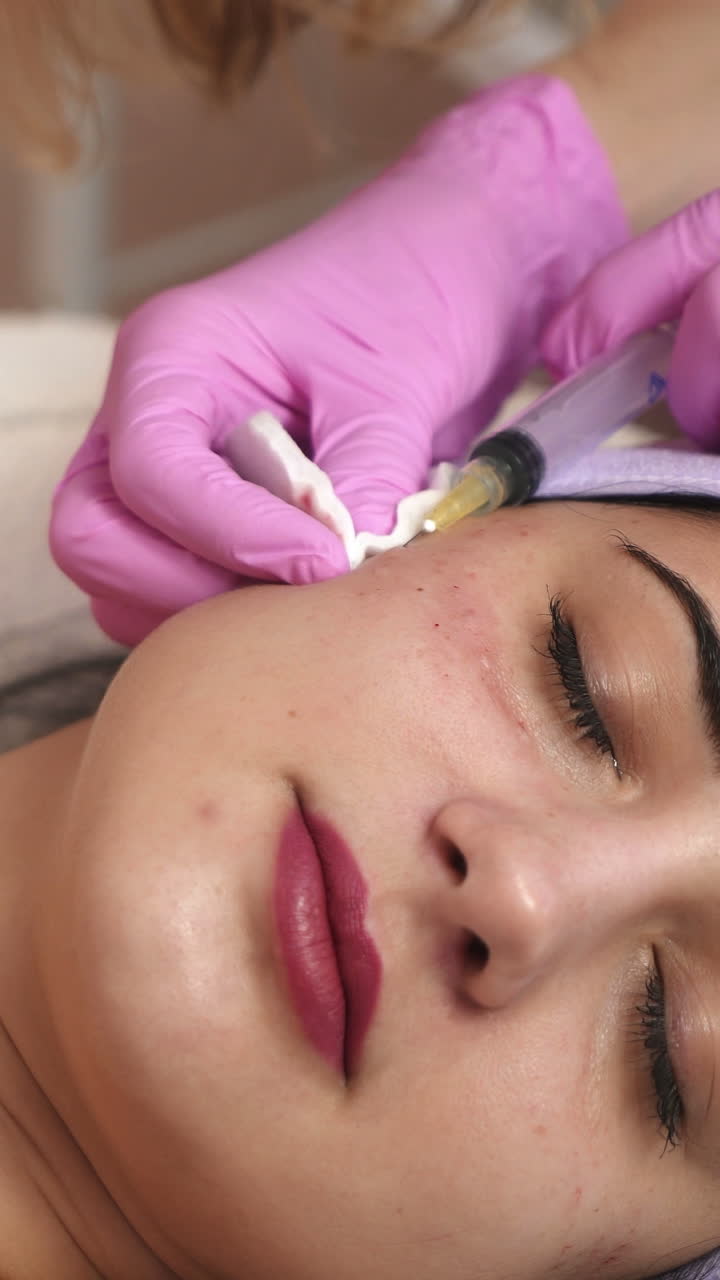 Hands of cosmetologist making injection in face. Aesthetic cosmetology. Vertical video