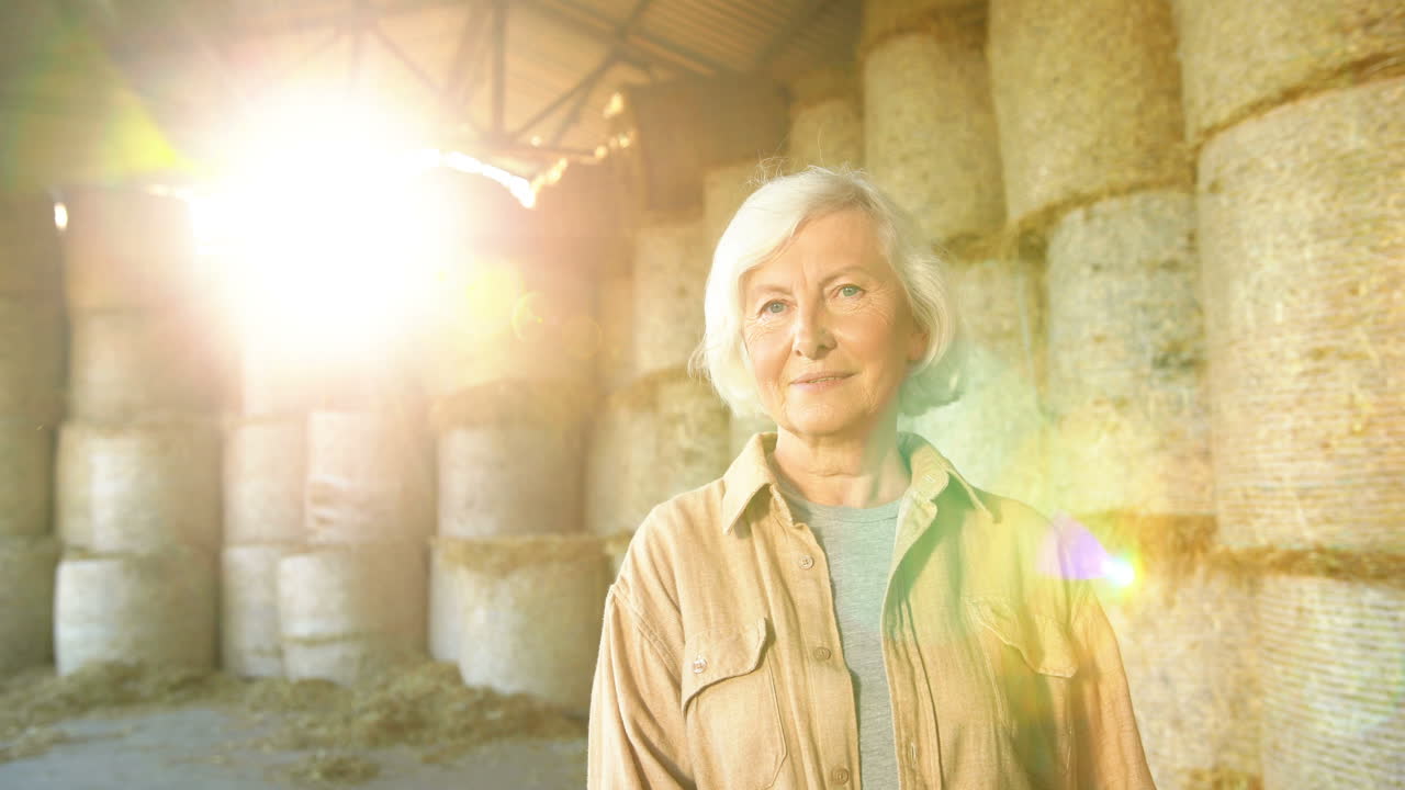 건초 주식과 안정에 서서 카메라에 미소 백인 늙은 회색 머리 여자 농부의 초상화