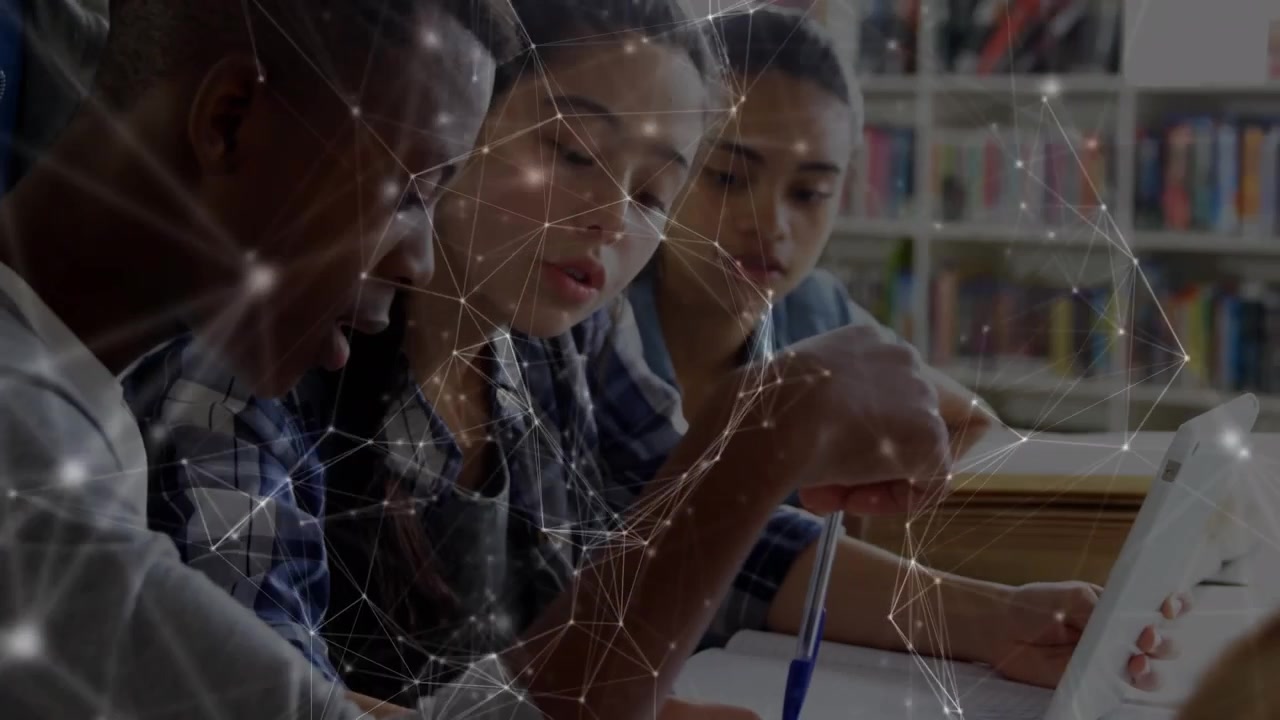 Animation of network of connections over woman and man exercising outdoors
