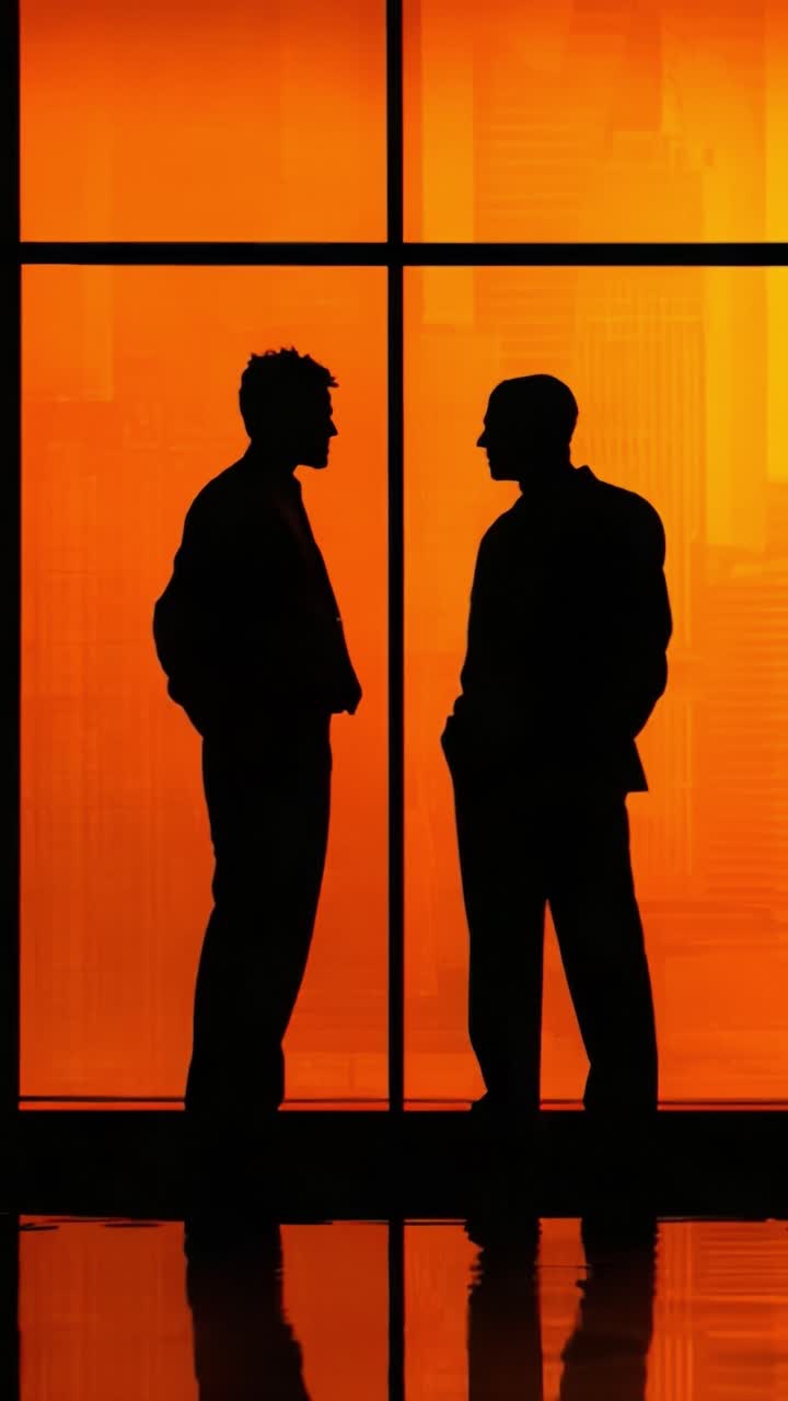 Una profonda conversazione in silhouette: due figure impegnate in un dialogo su uno sfondo arancione che evidenzia la loro connessione e le loro intenzioni
