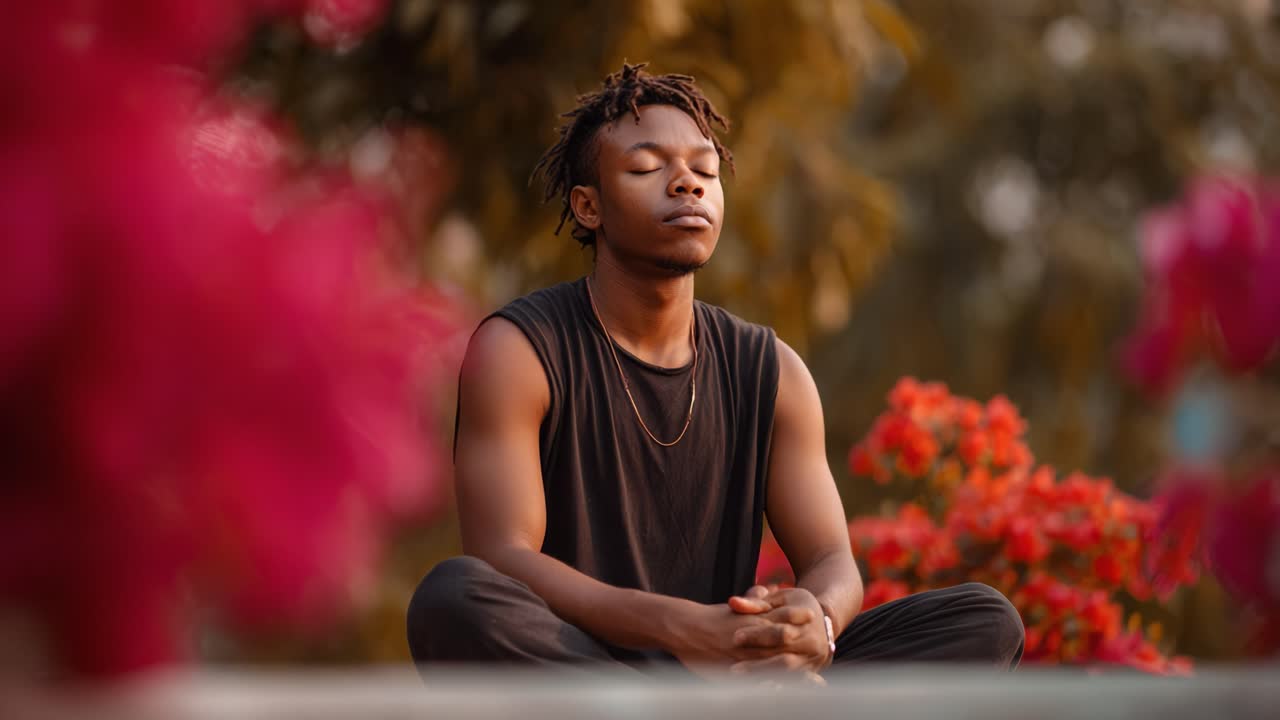 A Young Man in a Relaxed Pose Meditating Amidst Beautiful Blossoms, Embracing Peace and Tranquility with His Eyes Closed in Nature's Serene Environment