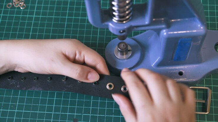 Sarta professionista applica occhielli nei fori di una cintura di pelle.