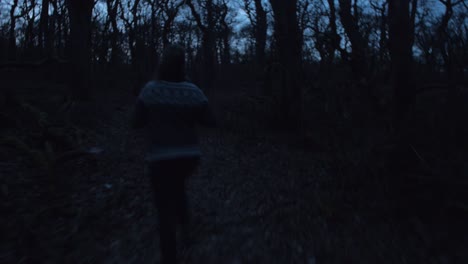dark-moody-forest-at-night,-young-woman-being-chased-and-running-away,-camera-movement,-camera-following-tracking-dolly-in-on-a-steadicam-gimbal-stabiliser,-dark-moody-atmosphere
