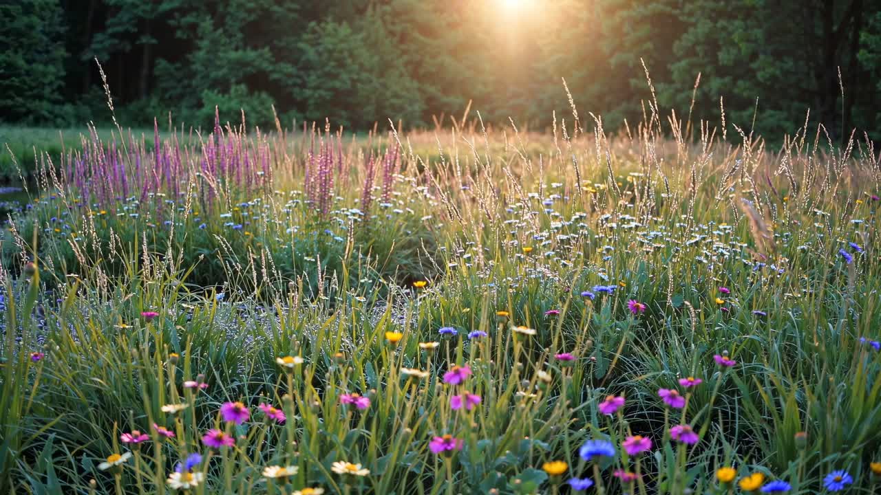 A serene video of a wildflower meadow at sunrise, captured from a low angle