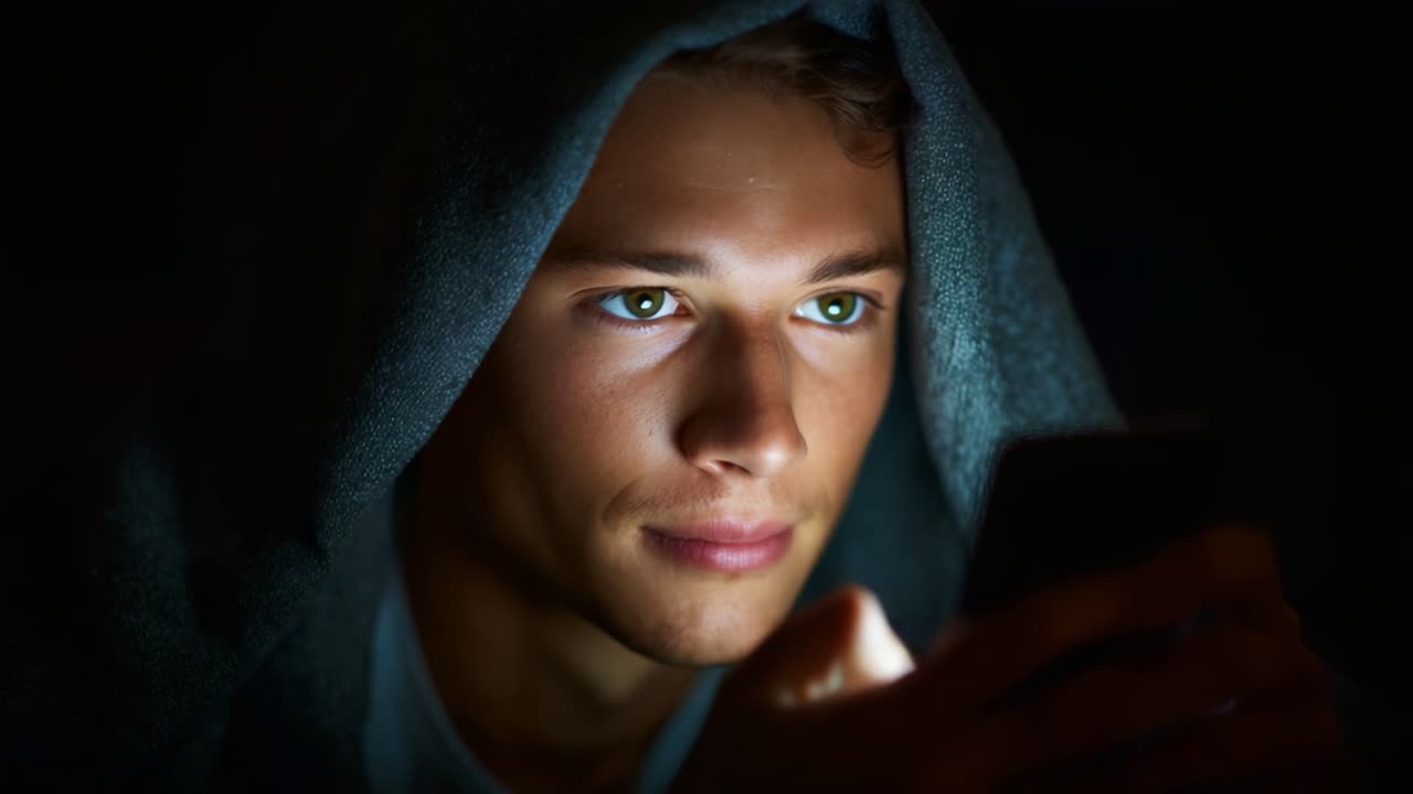 En ung mand fordybet i sin smartphone under et tæppe, oplyst af skærmens bløde lys, hvilket skaber en intim og medrivende atmosfære af nysgerrighed sent om aftenen