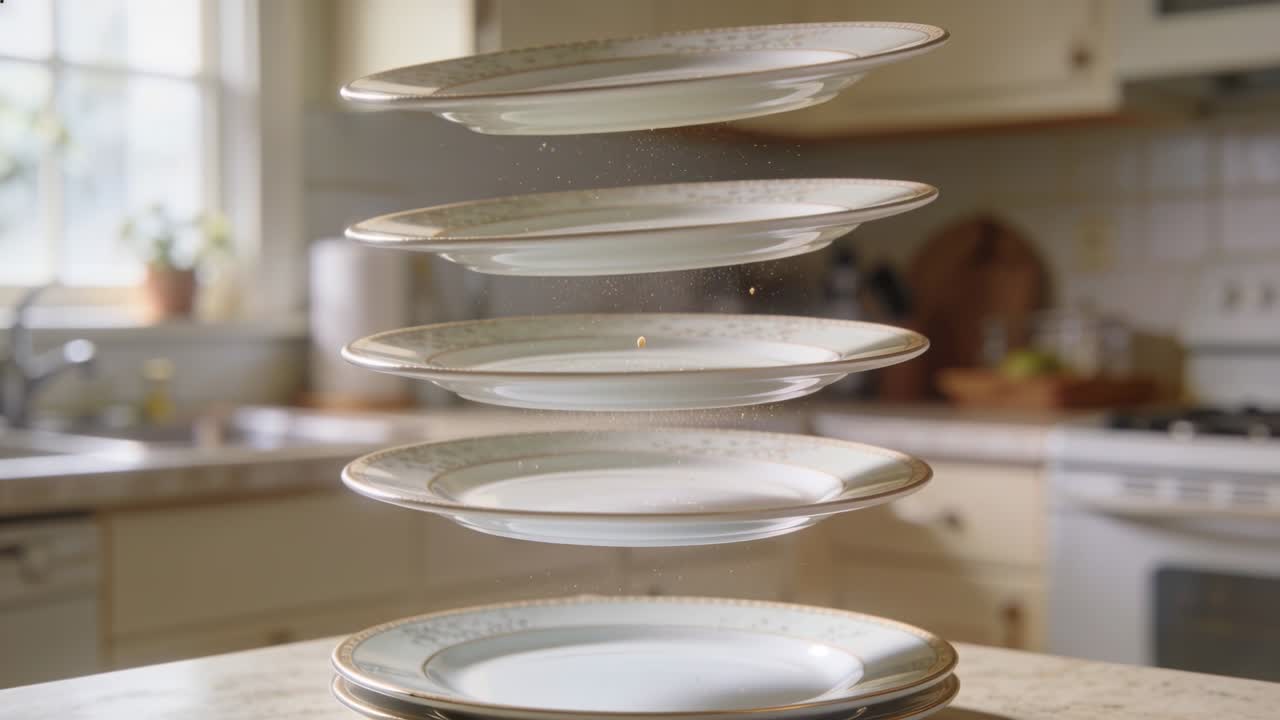 Una pila galleggiante di piatti di ceramica scende in una cucina domestica dopo che gli strati si sono separati, con briciole che cadono.
