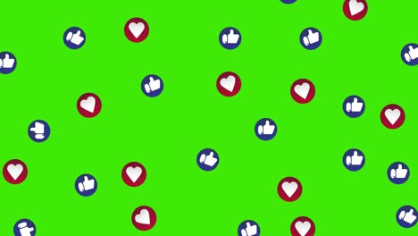 social media video emoticon overlays flowing down. social nets blue thumb up like and red heart floating web icons. green screen for easy keying.