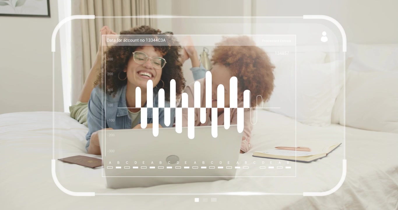 Friends holding credit card near laptop activating animated finance charts and celebrating insights