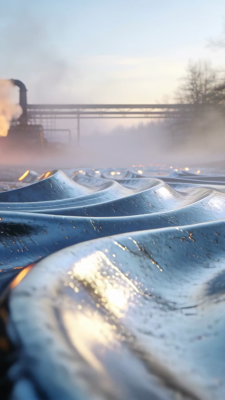 Vertical video: Shifting camera revealing glossy rippled surface near pipes, exposing orange specks