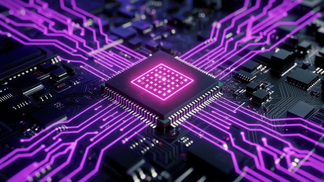 Glødende dataflow gennem en computerprocessor på et printkort