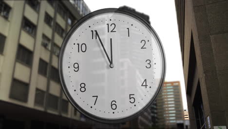 animation of clock ticking over cityscape