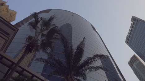 Looking-up-shot-of-a-glass-skyscraper-in-a-business-district-with-palm-trees-in-front-of-it-during-a-sunny-day