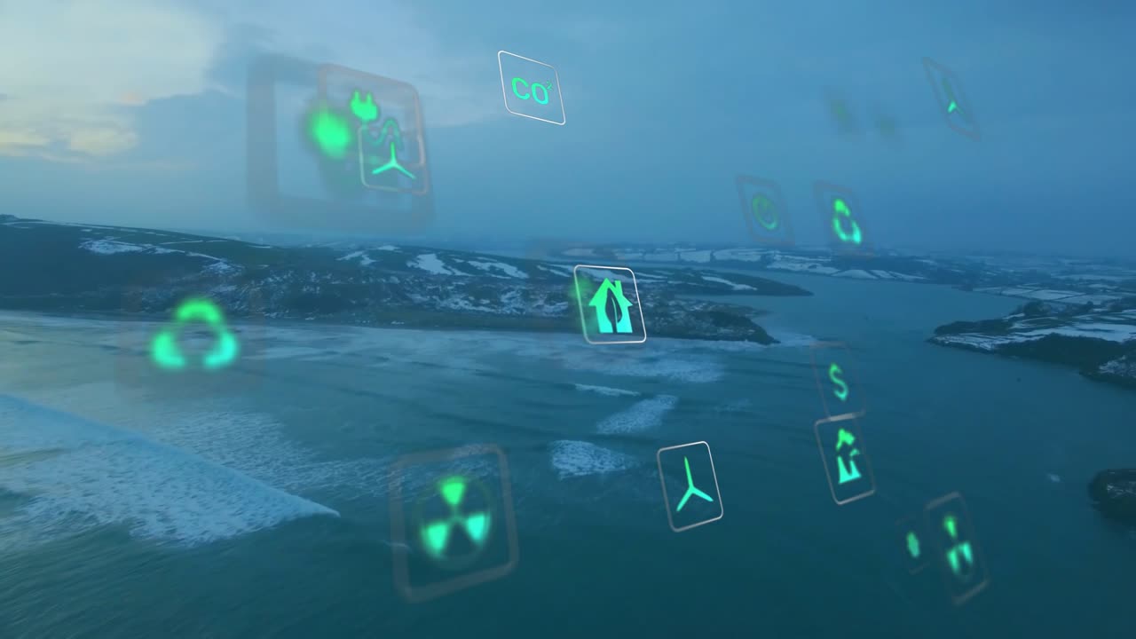 AR icons appearing from start over seascape camera shifting right forming column showing CO2 data